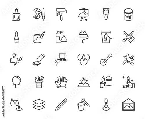 A collection of 30 clean and minimal line icons related to painting, drawing, and art tools. This set includes paint brushes, rollers, palettes, color buckets, spray cans, editable stroke 48x48 pixel