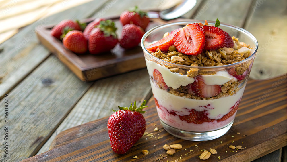 Glass of strawberry parfait layered with yogurt, granola, and fresh strawberries, placed on wooden table with tray of strawberries in background Glass of strawberry parfait layered with yogurt, granola, and fresh strawberries, placed on wooden table with tray of strawberries in background