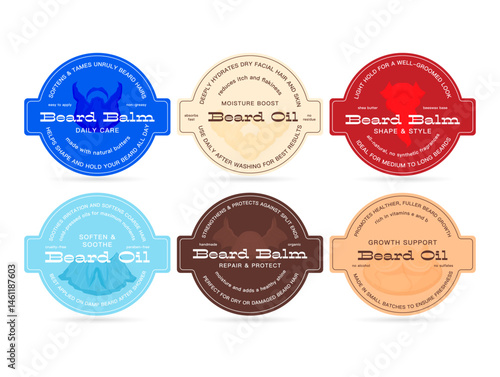 Beard balm and beard oil labels featuring various benefits and instructions for use in a straightforward design