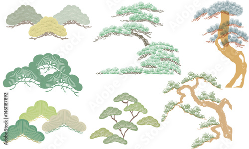 Set of colorful bonsai tree or pine tree elements. Japanese background with Asian traditional icon vector. Natural art with brown background in vintage style.