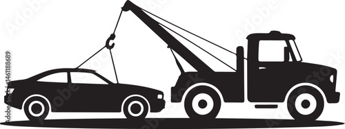 Tow truck towing a car silhouette vector illustration. Vehicle breakdown assistance symbol. Towing service icon design