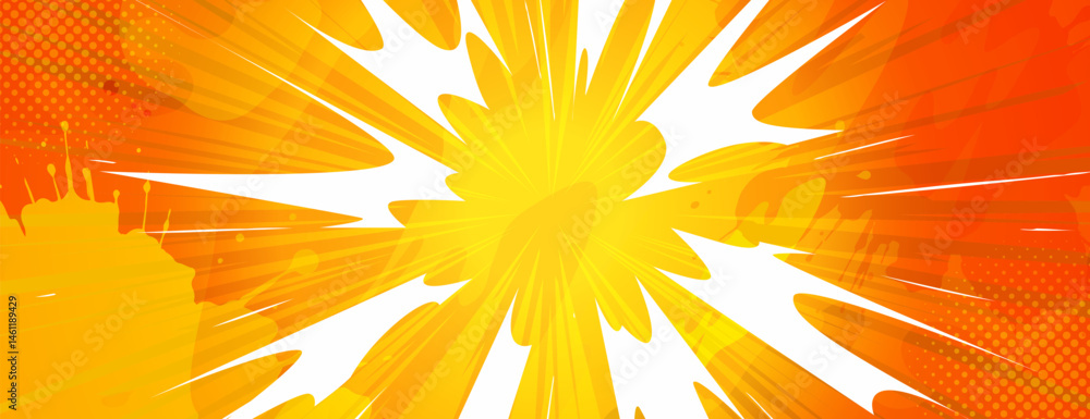 Bright yellow comic book explosion - dynamic radial lines burst from central point. Stylized cartoon blast effect with spiked star shape silhouette. Vibrant orange gradient, halftone dot texture bg.