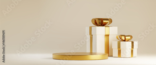 Podium with gift box - round golden pedestal display with present package decorated with ribbon and bow. Realistic 3d luxury holiday surprise packaging mockup on beige background for event ceremony.