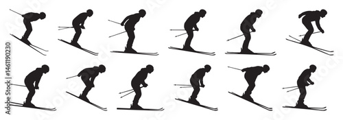 Set of four ski silhouettes featuring skier in action poses, isolated black vector on white background  