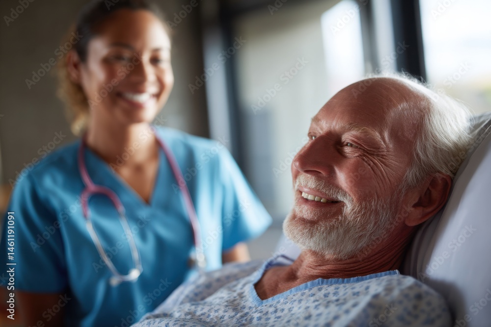 Obraz premium a kind nurse standing beside an elderly man resting in a hospital bed, both smiling warmly.