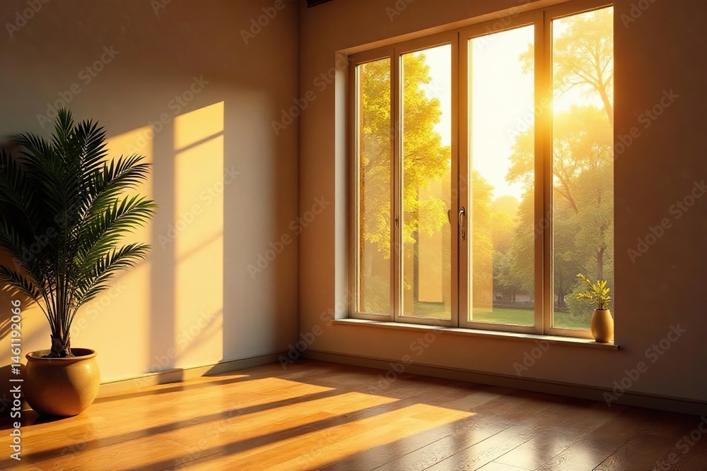 Fototapeta premium Golden hour light floods a large window, casting warm shadows , cozy, architecture, natural light
