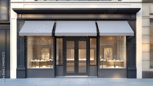 Store exterior with light walls, dark gray frames, awnings, lit display windows, and double doors.
