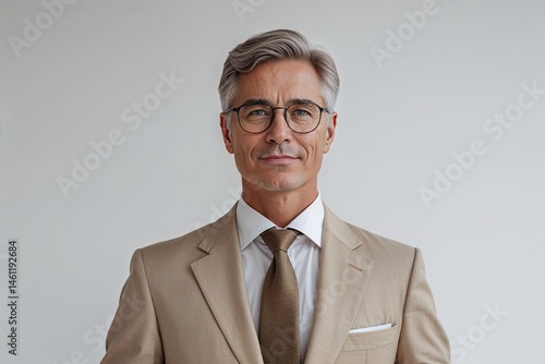 Confident Middle-aged Businessman Wearing Beige Suit and Glasses on White Background