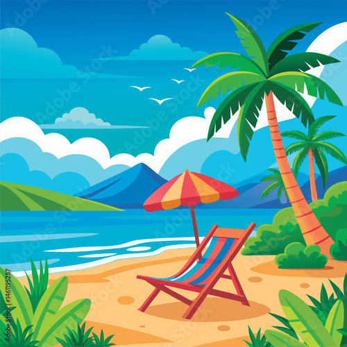 Tropical beach scene with chaise lounge.
