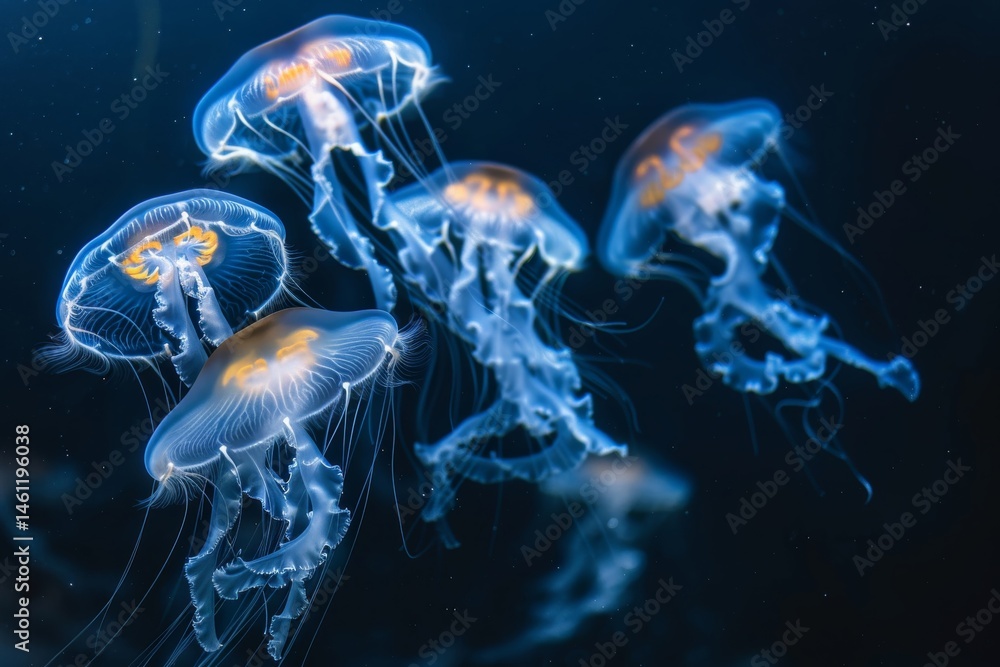 Ethereal glow of jellyfish in deep ocean waters Ethereal glow of jellyfish in deep ocean waters