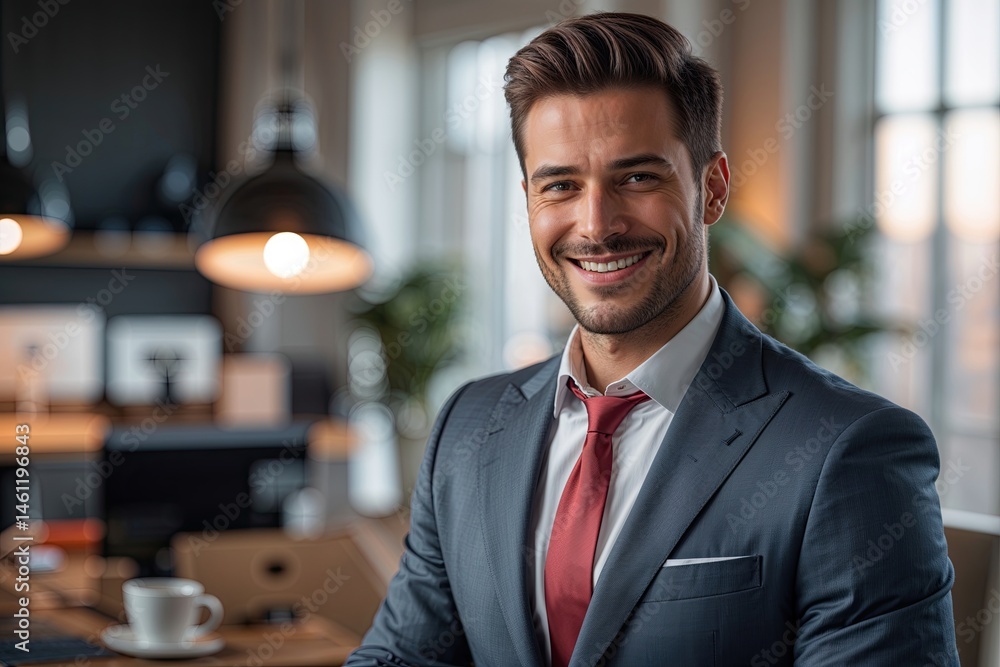 Fototapeta premium Confident Male Entrepreneur Wearing Business Suit Smiling in Professional Studio Environment