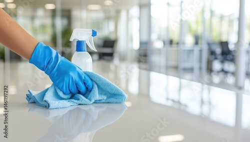 Cleaning a smooth surface.  Hand in blue glove wiping a surface with a light blue cloth.  Spray bottle nearby.  Blurred office background