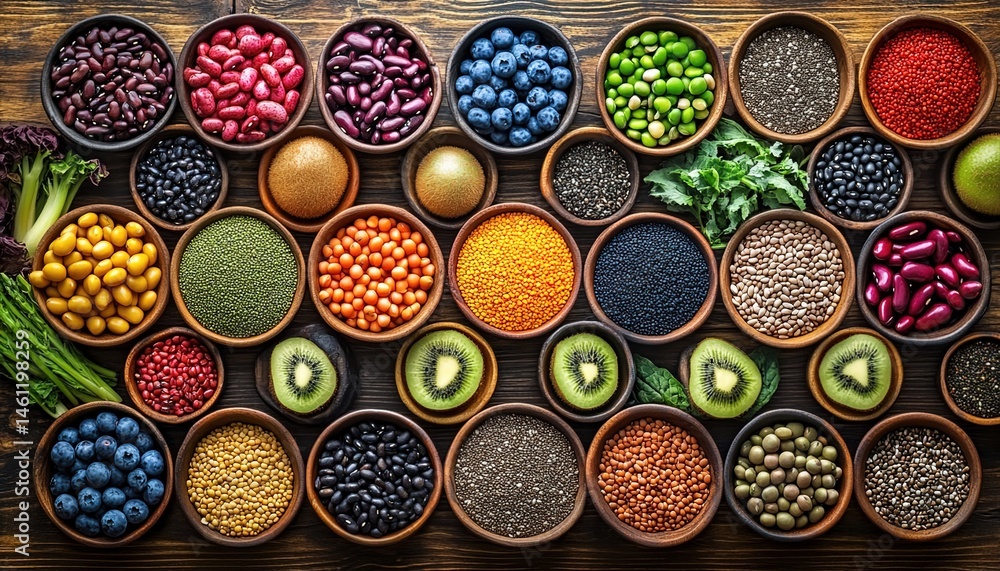 custom made wallpaper toronto digitalBowls of ingredients like powders, beans, seeds on wooden table with leaves.