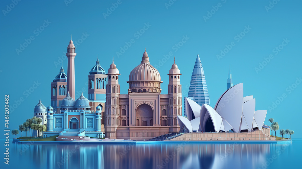 Obraz premium Architectural landmarks from around the world depicted in a colorful design