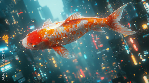 Koi fish swimming gracefully through a futuristic cityscape at night