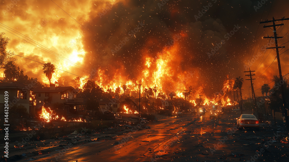 Fototapeta premium Wildfire engulfs neighborhood as flames spread rapidly during the night