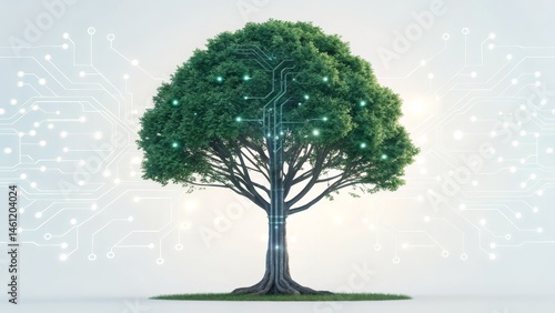 A digital tree with circuit-like branches symbolizes technology and nature integration on a light background.