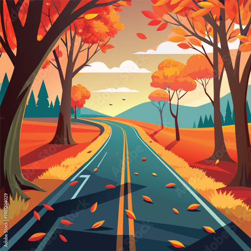Autumn road winding through colorful trees.
