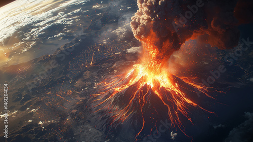 Volcanic eruption creates ash clouds and lava flows impacting nearby landscape