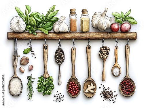 Fototapeta Naklejka Na Ścianę i Meble -  Rustic wooden spice rack with herbs and seasonings.