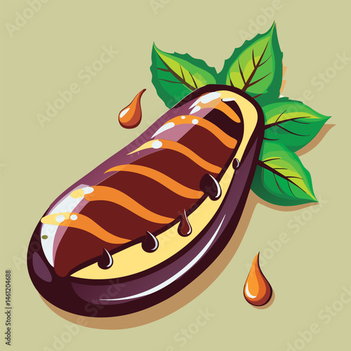 Vector illustration of a Chocolate-covered eggplant with leaves.