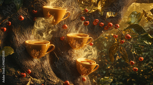 Hot coffee cups steaming on a rustic tree branch surrounded by cherries