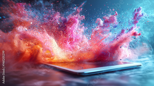 Colorful explosion of powder surrounding a tablet in a dark setting