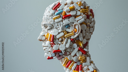 Human figure composed entirely of multicolored pills and capsules