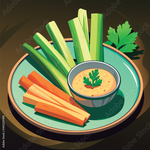 Celery sticks and carrots with dip.