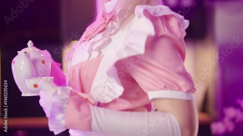 Anime maid cosplay lolita hold tea cup and turning on platform in kitchen 4K