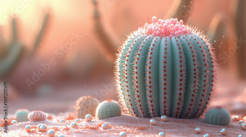 Cacti in vibrant desert landscape during sunset with soft lighting