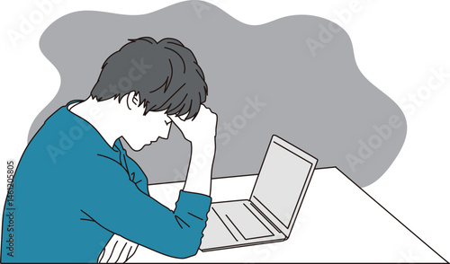 ノートパソコンの前で悩む男性のシンプルイラスト