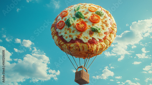 Hot air balloon shaped like a pizza soaring in a bright blue sky