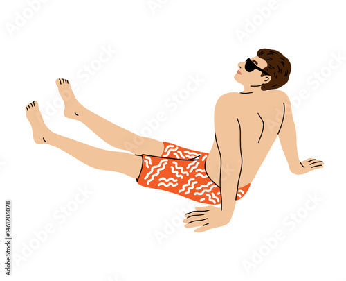 Flat trendy vector illustration of a man in sunglasses and colorful summer shorts, sitting with legs extended and leaning back on his hands, enjoying a relaxed vacation. Isolated on white background.