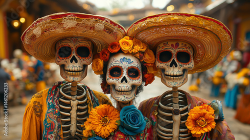 Joyful skeletons in traditional attire celebrate Dia de los Muertos