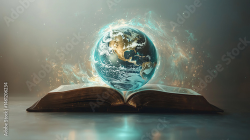 Globe emerging from an open book during a creative conceptual illustration