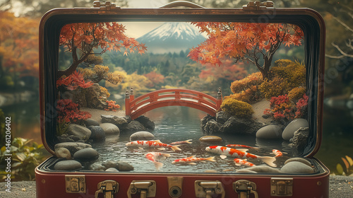 Tranquil Japanese koi pond with red bridge in an open suitcase
