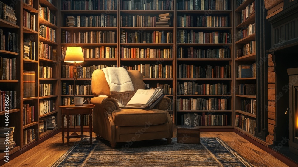 Cozy reading nook with extensive bookshelves. Cozy reading nook with extensive bookshelves.