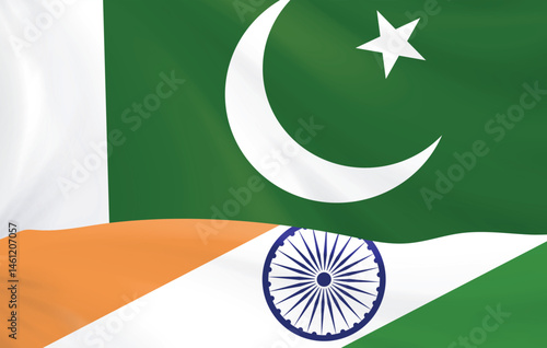 India Pakistan Flags Together. Two flags are carelessly superimposed on each other.