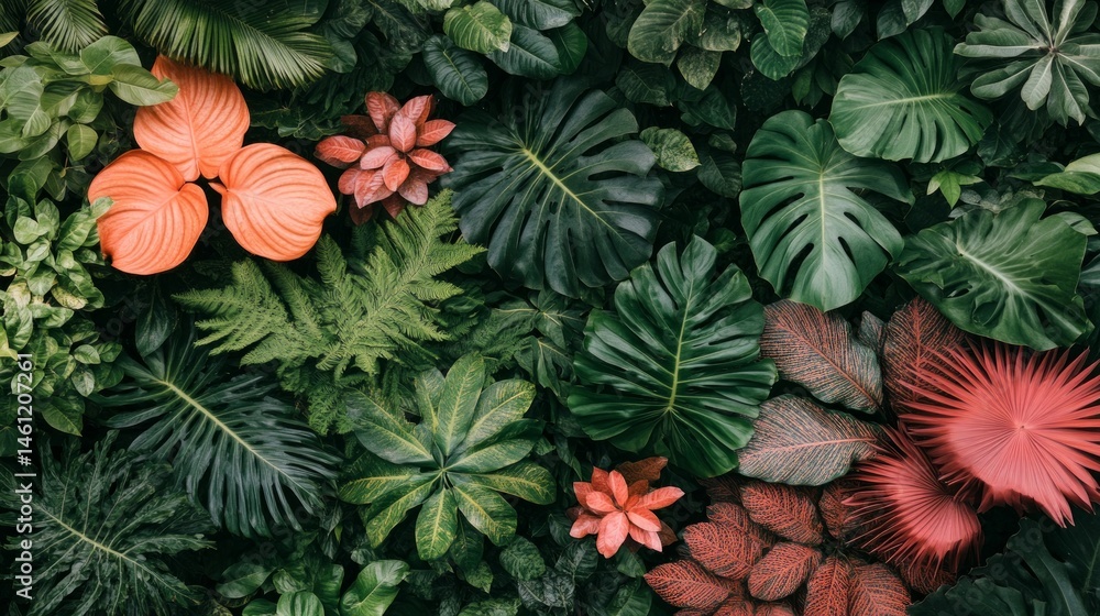Obraz premium Captivating display of tropical foliage showcasing an array of lush green leaves paired with bright red and orange plants in a vibrant arrangement