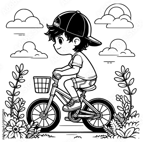 Boy riding bicycle black vector for coloring page silhouette