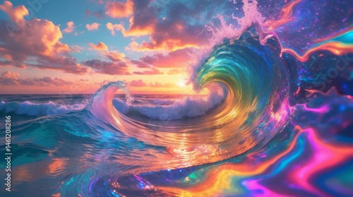 Ocean waves curl at sunset with colorful glowing swirls and light.
