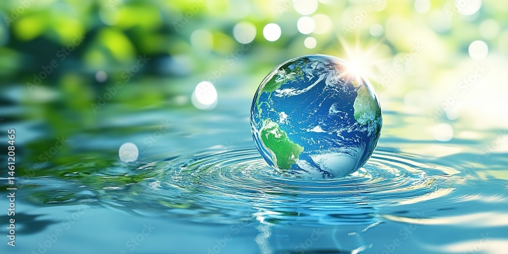 Globe partially submerged in water with ripples, leaves, and blurred forest under sunlight. Globe partially submerged in water with ripples, leaves, and blurred forest under sunlight.