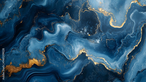 Abstract depiction of swirling, deep blue and gold patterns.