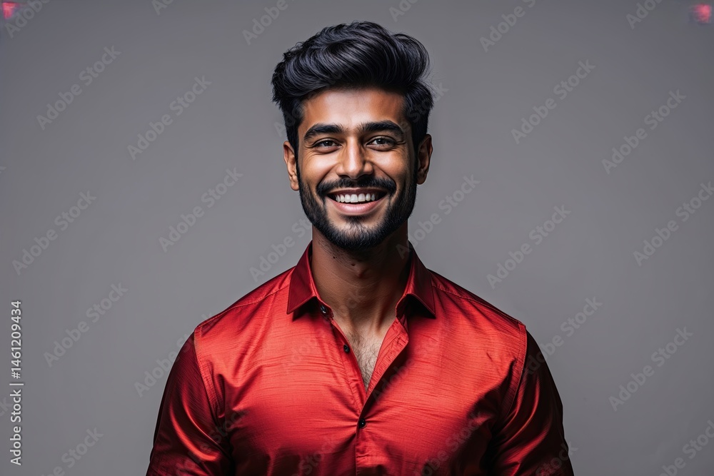 Obraz premium Cheerful Young Indian Man Wearing Elegant Red Shirt Smiling Against Grey Background