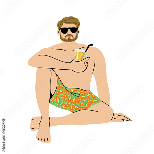 Flat trendy vector illustration of a relaxed bearded man sitting in colorful shorts and sunglasses, holding a fruit cocktail in hand. Isolated on white background.