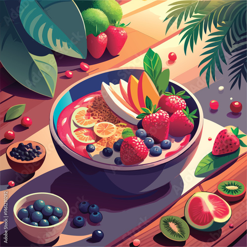 Vibrant fruit bowl breakfast delight.