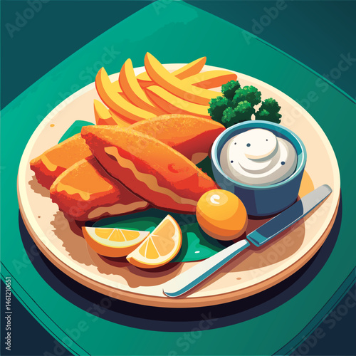 Delicious fish and chips platter with lemon.