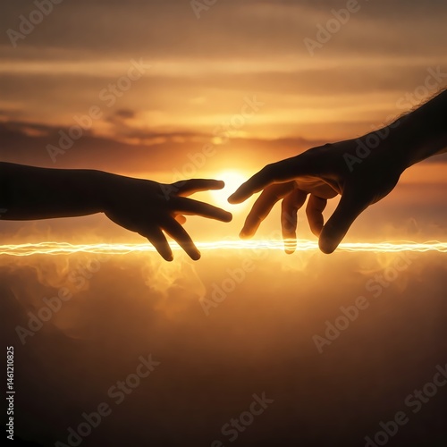 Two hands nearly touch in silhouette against a dramatic sunset. 