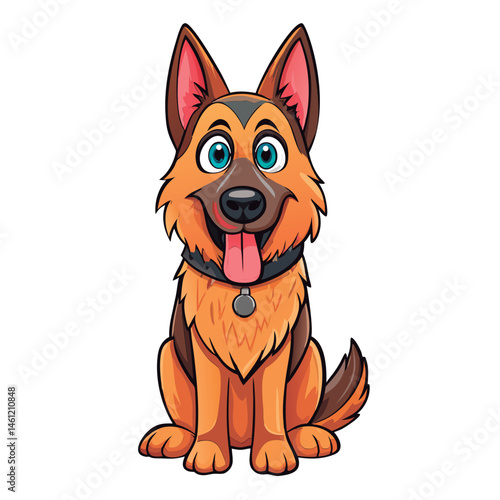 Cute cartoon German Shepherd sits happily.